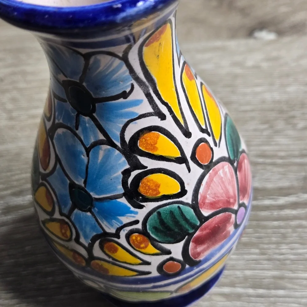 Vintage Mexico Talavera Floral Ceramic Bud Vase Hand Painted Multicolor Small